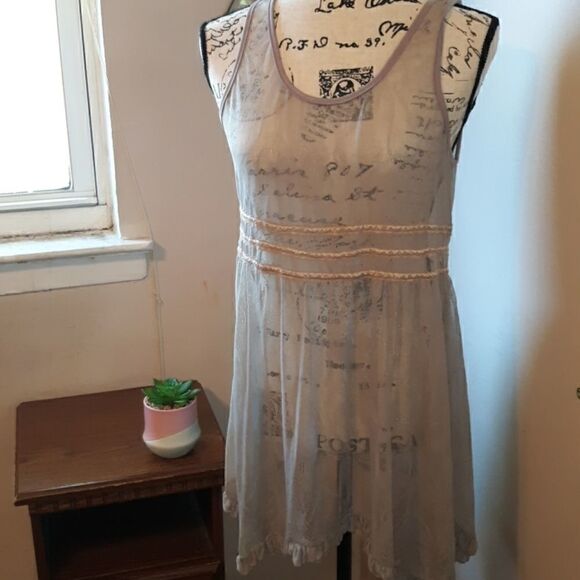 LILY WHITE SHEER BEIGE BOHO TUNIC MINI DRESS JUNIORS SIZE? L - Picture 1 of 4